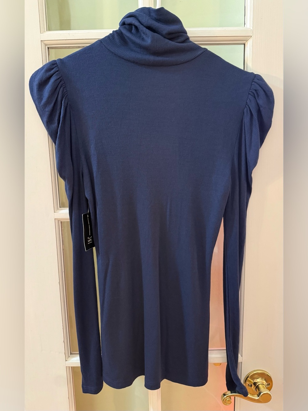 INC Navy Puff Shoulder ribbed Turtleneck Top navy small NWT (#204) - Picture 4 of 9